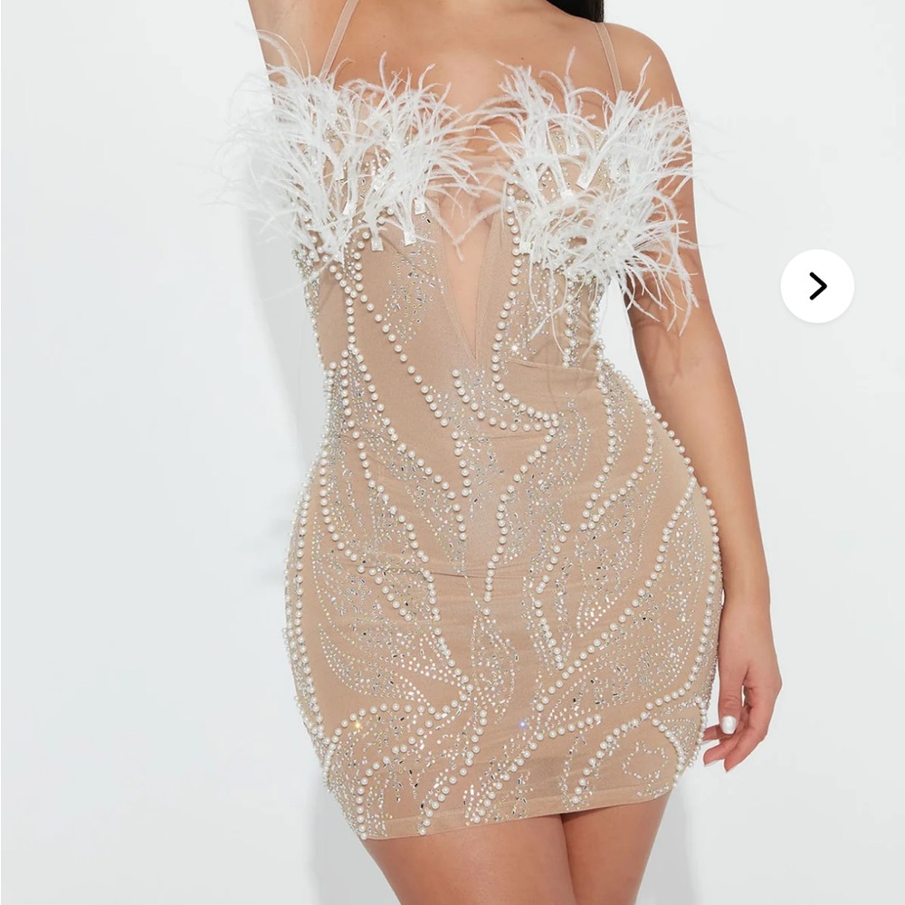 Elegant Feather Embellished Nude Dress